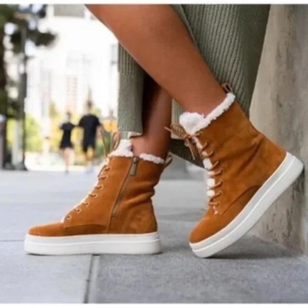 J/SLIDES Torrie Waterproof Suede Platform Faux‎ Fur Lined Boots Brown